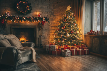 Poster - Christmas tree aglow in cozy living room corners, adorned with colorful gifts below, radiating festive cheer and warmth.