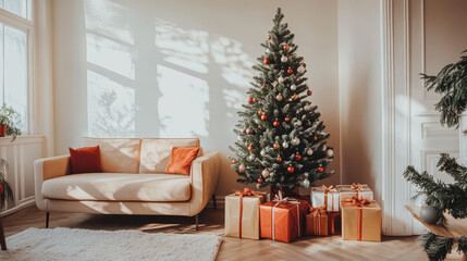 beautifully decorated modern living room features Christmas tree adorned with ornaments and presents underneath. cozy atmosphere is enhanced by beige sofa and warm lighting