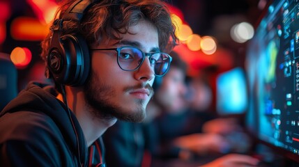Aufkleber - a determined young man, absorbed in gameplay, wears headphones and glasses as he competes in a vibra