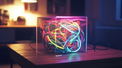 Poster - A transparent box filled with neon-glowing cables resting on a wooden table in a dark, cozy room, with subtle ambient light