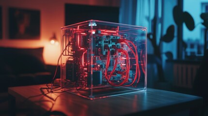 Poster - A transparent box filled with neon-glowing cables resting on a wooden table in a dark, cozy room, with subtle ambient light