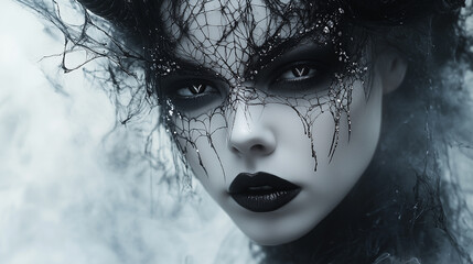 woman with queen of spiders makeup, featuring intricate spiderweb designs and white skin. Banner copy space