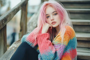 Woman with pink hair and colorful sweater playing guitar in a vibrant park surrounded by autumn leaves.