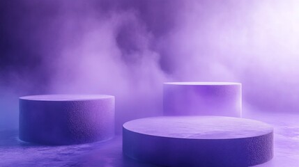 Aufkleber - Three circular platforms rest on the ground, enveloped in a soft purple mist. The ambient light highlights the texture of the surfaces, creating an atmospheric and mysterious setting.