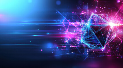 Poster - Dynamic glowing polyhedron with vibrant colors and light trails