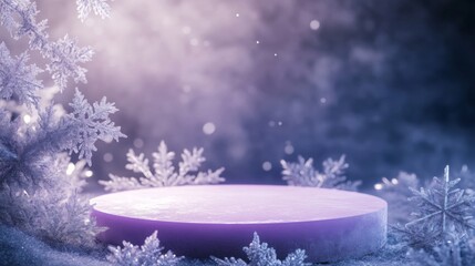 Leinwandbilder - A purple platform sits in the middle of a snowy landscape. There are snowflakes in the background and in the foreground. The scene is lit by a soft, white light.
