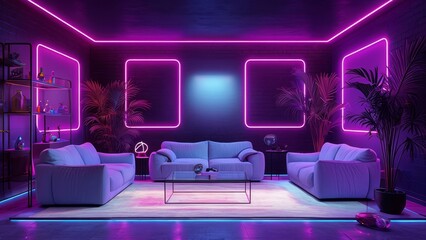 Neon home bathroom interior with bathtub and side table, tile granite floor. Bathing space in modern apartment with neon lighting. Empty copy space wall partition. 3D rendering