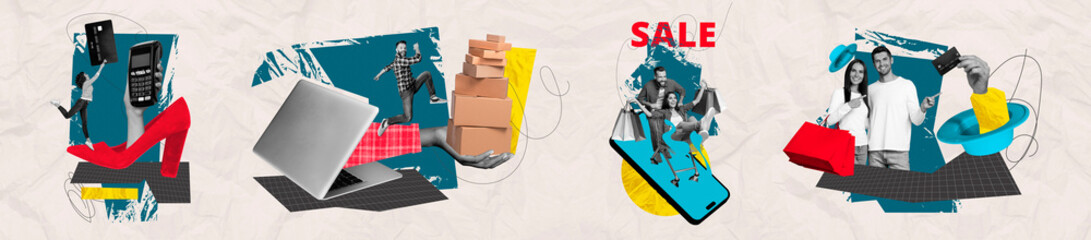 Poster - Composite collage picture image of panorama eshopping concept sales people enjoy shopping bizarre unusual fantasy billboard comics
