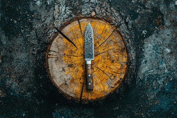 A Sharp Knife Resting on a Weathered Tree Stump