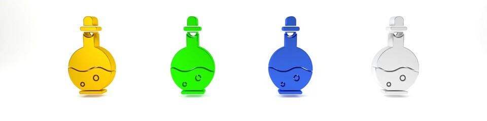 Poster - Colorful Glass bottle with magic elixir icon isolated on white background. Computer game asset. Minimalism concept. 3D render illustration