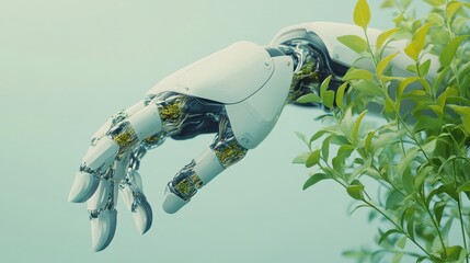 Poster - Bio-inspired robotic arm mimicking plant movements, blending nature and technology on a clean solid color background