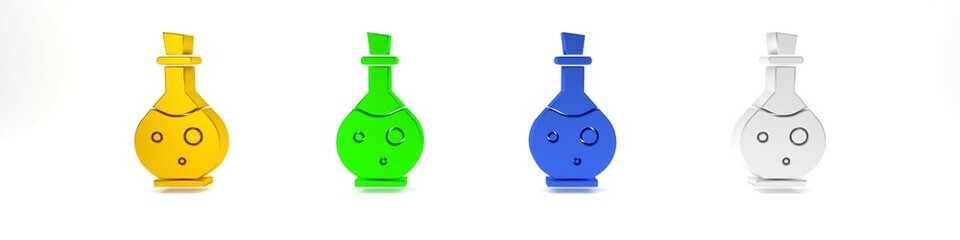 Poster - Colorful Glass bottle with magic elixir icon isolated on white background. Computer game asset. Minimalism concept. 3D render illustration