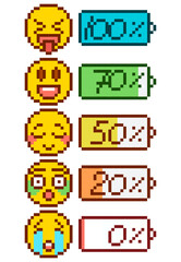 Poster - An image of a device charging with emoticons indicating the charge level. Pixel bar with charge level.