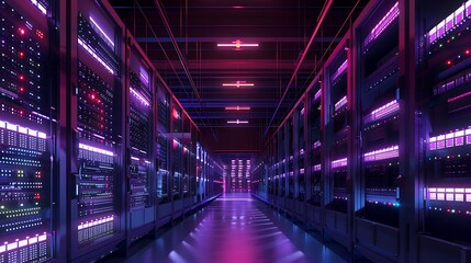 Canvas Print - A futuristic data center with illuminated server racks and vibrant lighting.