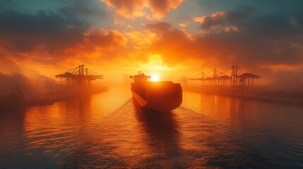 Poster - A cargo ship moves gracefully through the harbor during sunset, with the sun setting behind industrial cranes and creating a stunning, colorful skyline reflection on the water.