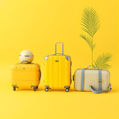 Yellow luggage on yellow pastel background. Yellow suitcases travel minimal  background concept. Yellow color minimalist mock up idea. Yellow colored holidays equipment animation.