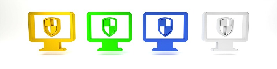 Poster - Colorful Monitor and shield icon isolated on white background. Computer security, firewall technology, internet privacy safety or antivirus. Minimalism concept. 3D render illustration