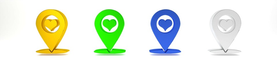 Poster - colorful map pointer with heart icon isolated on white background. minimalism concept. 3d render ill