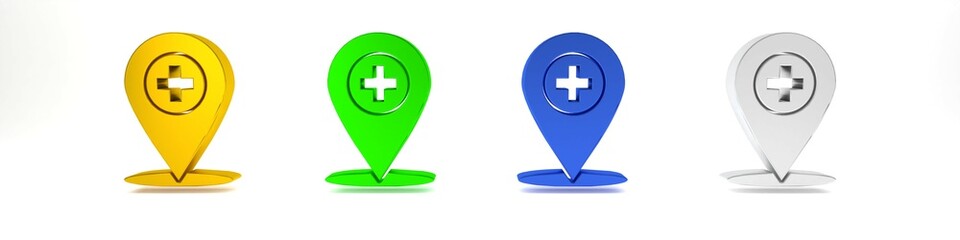 Poster - colorful medical map pointer with cross hospital icon isolated on white background. minimalism conce