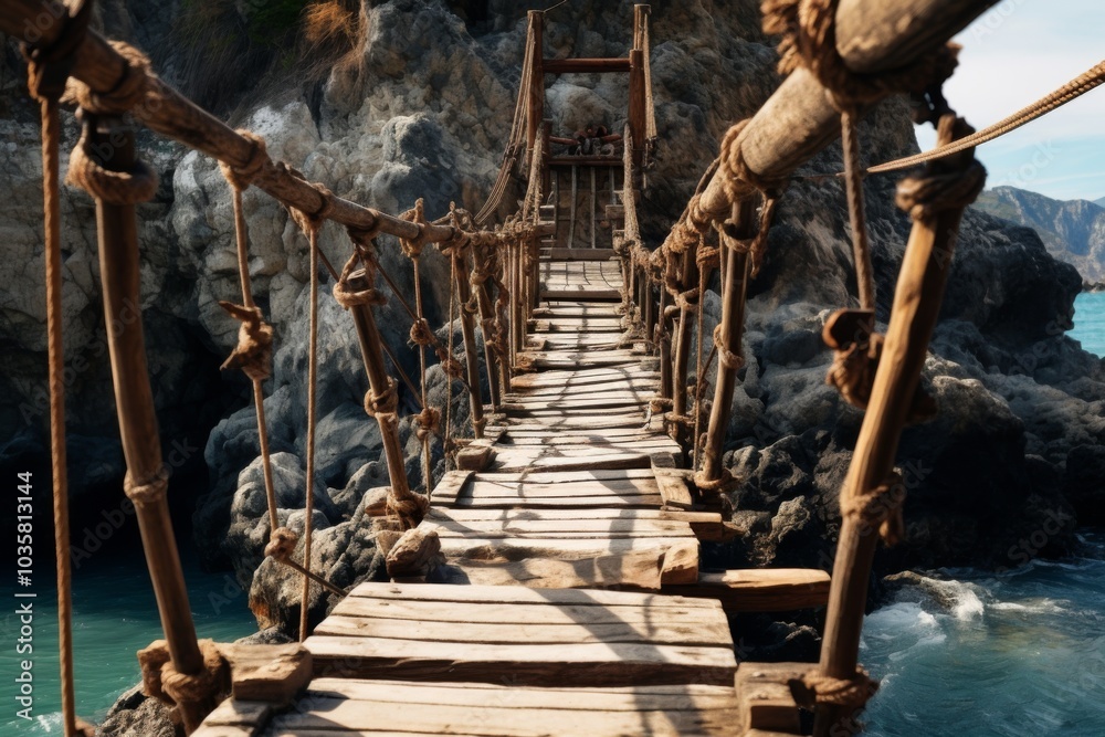 Old bridge suspended between two stone cliffs,ai generated Stock ...