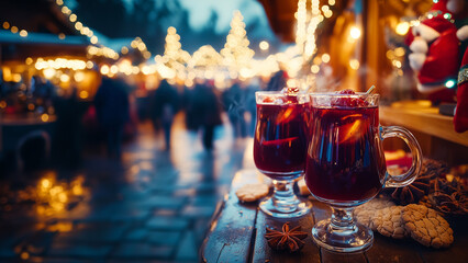 Two glasses of hot mulled spicy wine with cookies at a Christmas market illuminated at night in december