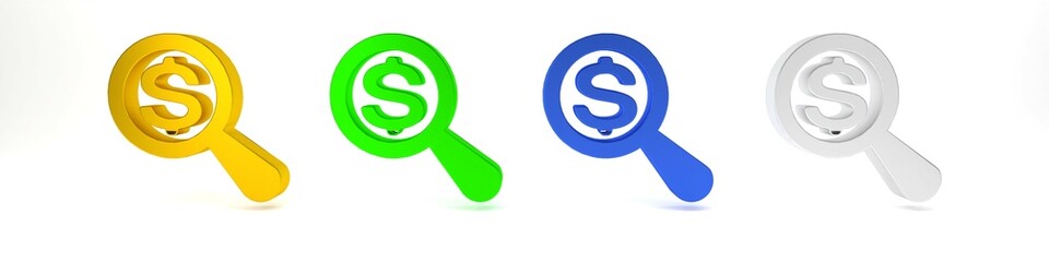 Poster - Colorful Magnifying glass and dollar icon isolated on white background. Find money. Looking for money. Minimalism concept. 3D render illustration