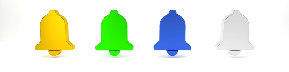 Poster - Colorful Ringing bell icon isolated on white background. Alarm symbol, service bell, handbell sign, notification symbol. Minimalism concept. 3D render illustration