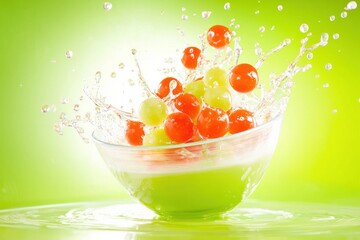 Vibrant splash of fresh fruits in refreshing green background for healthy living