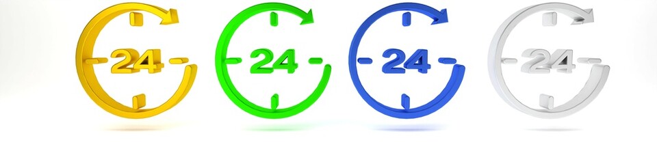 Poster - Colorful Clock 24 hours icon isolated on white background. All day cyclic icon. 24 hours service symbol. Minimalism concept. 3D render illustration