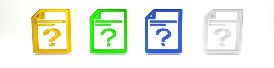 Poster - Colorful Unknown document icon isolated on white background. File with Question mark. Hold report, service and global search sign. Minimalism concept. 3D render illustration
