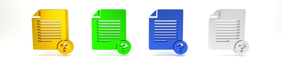 Poster - Colorful Unknown document icon isolated on white background. File with Question mark. Hold report, service and global search sign. Minimalism concept. 3D render illustration