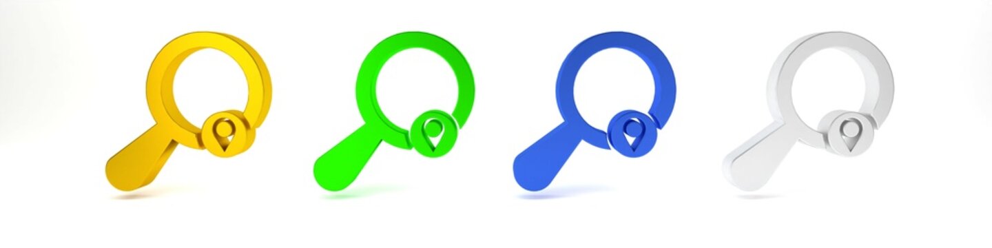Colorful Search location icon isolated on white background. Magnifying glass with pointer sign. Minimalism concept. 3D render illustration