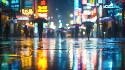 Pedestrians briskly walking on city streets under the rain, lit by vibrant neon lights and reflected in slick surfaces.