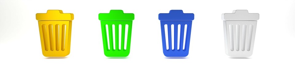 Poster - Colorful Trash can icon isolated on white background. Garbage bin sign. Minimalism concept. 3D render illustration