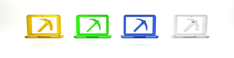 Poster - Colorful Mining concept with laptop and pickaxe icon isolated on white background. Blockchain technology, cryptocurrency mining, digital money market. Minimalism concept. 3D render illustration