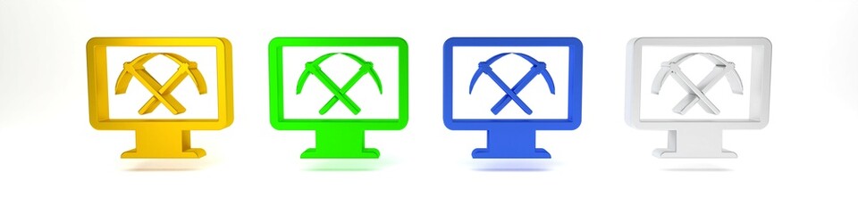 Poster - Colorful Mining concept with monitor and pickaxe icon isolated on white background. Blockchain technology, cryptocurrency mining, digital money market. Minimalism concept. 3D render illustration