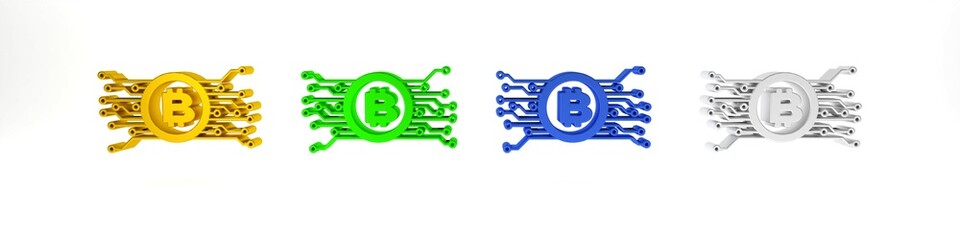 Poster - colorful cryptocurrency bitcoin in circle with microchip circuit icon isolated on white background. 