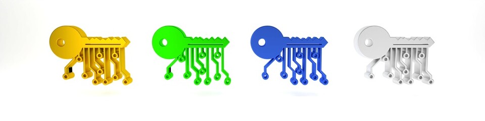 Poster - Colorful Cryptocurrency key icon isolated on white background. Concept of cyber security or private key, digital key with technology interface. Minimalism concept. 3D render illustration