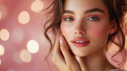 A close-up of a beautiful woman with radiant skin and soft features, captured against a dreamy soft pink bokeh background.