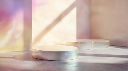Fototapete - The setting features a serene interior with three circular platforms illuminated by soft, pastel tones. Natural light pours through, creating a tranquil and harmonious atmosphere.