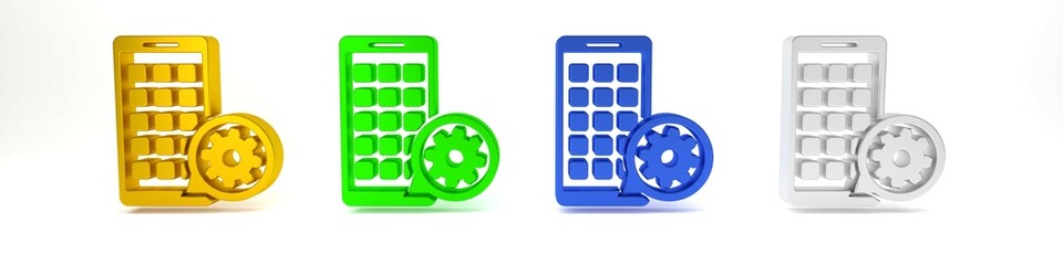 Poster - Colorful Mobile Apps and gear icon isolated on white background. Adjusting app, service concept, setting options, maintenance, repair, fixing. Minimalism concept. 3D render illustration