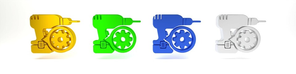 Wall Mural - Colorful Drill machine and gear icon isolated on white background. Adjusting app, service concept, setting options, maintenance, repair, fixing. Minimalism concept. 3D render illustration