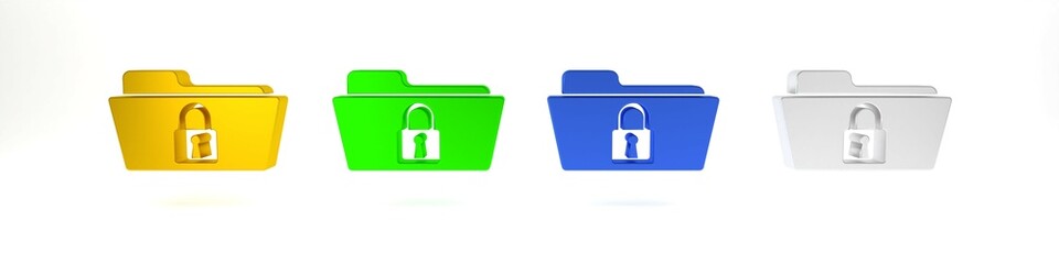Poster - Colorful Folder and lock icon isolated on white background. Closed folder and padlock. Security, safety, protection concept. Minimalism concept. 3D render illustration