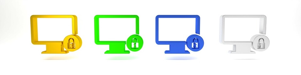 Poster - Colorful Lock on computer monitor screen icon isolated on white background. Monitor and padlock. Security, safety, protection concept. Safe internetwork. Minimalism concept. 3D render illustration