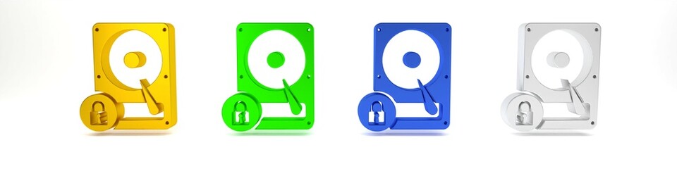 Poster - colorful hard disk drive and lock icon isolated on white background. hhd and padlock. security, safe