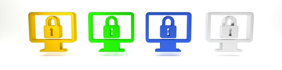 Poster - Colorful Lock on computer monitor screen icon isolated on white background. Monitor and padlock. Security, safety, protection concept. Safe internetwork. Minimalism concept. 3D render illustration