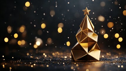 Poster - Abstract Christmas tree sculpture with warm golden lights in a dark festive background. Holiday season concept. Merry Christmas and Happy New Year background.