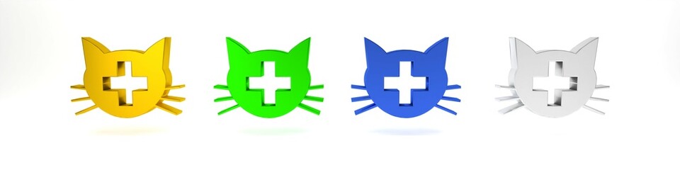 Colorful Veterinary clinic symbol icon isolated on white background. Cross with cat veterinary care. Pet First Aid sign. Minimalism concept. 3D render illustration