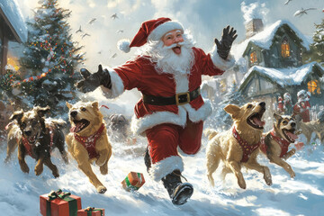 Poster - Santa Claus running through the snow with dogs.