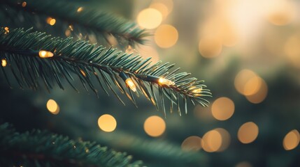 Poster - Close-up of Christmas tree branch with glowing lights and blurred bokeh background. Festive holiday atmosphere for Christmas and New Year celebrations.